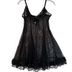 Mayela Black Floral Lace Babydoll Chemise Nightgown XL Sheer Ruffle Hem